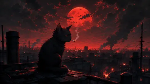 Black Cat Above Burning City