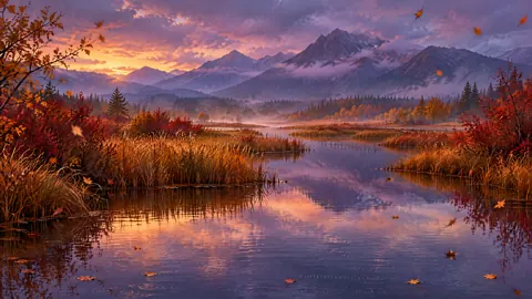 Autumn Marsh Below Violet Mountains