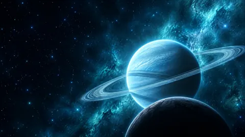 Ringed Planet Above Shadowed Moon