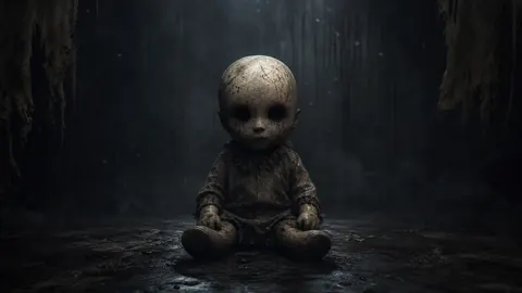 Cracked Eyeless Doll in Dark Room
