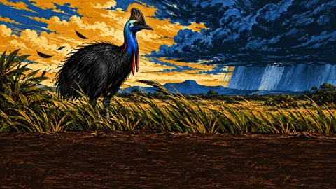 Cassowary in Stormy Grasslands