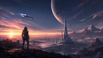 Astronaut Over Alien Spires live wallpaper