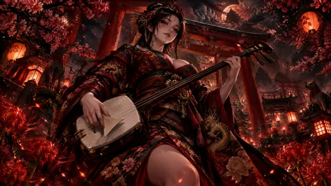 Shamisen Player Under Torii Gates