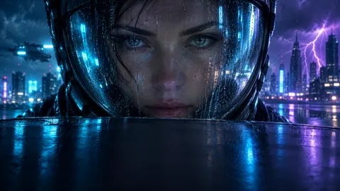 Futuristic Woman in Rain Helmet