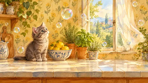 Gray Kitten With Soap Bubbles