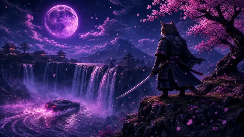 Samurai Cat Above Waterfall