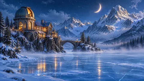 Cliffside Observatory Above Frozen Lake