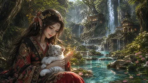 Elven Maiden With Tiger Cub