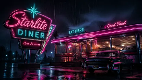 Retro Diner Sign in Rain