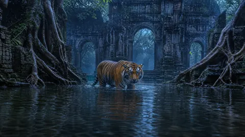 Tiger in Flooded Temple Courtyard