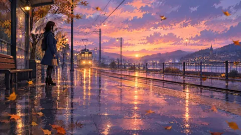 Commuter at Rainy Tram Stop