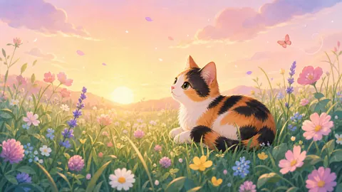 Calico Cat in Flower Field