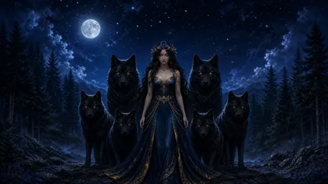 Woman With Six Black Wolves