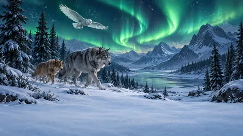 Wolves Under Green Aurora