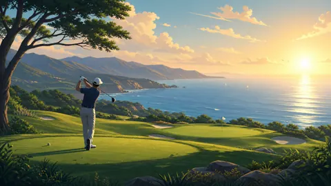 Golfer at Coastal Sunset