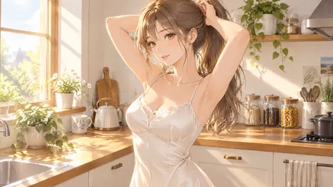 Woman Tying Hair in Kitchen