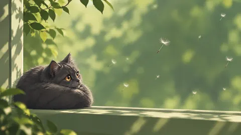 Gray Cat Watching Dandelions