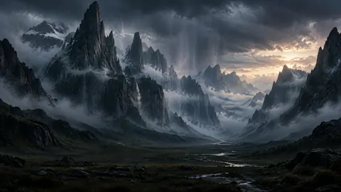 Stormy Mountain Valley at Dawn