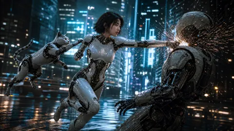 Android Woman Fighting Robots