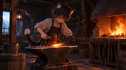Cat-Eared Blacksmith at Forge
