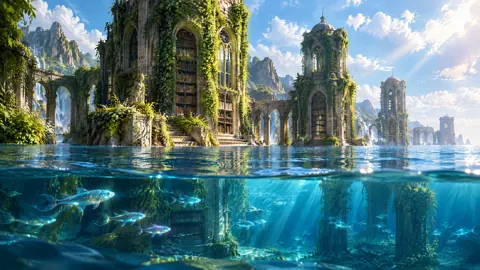 Flooded Stone Library with Fish
