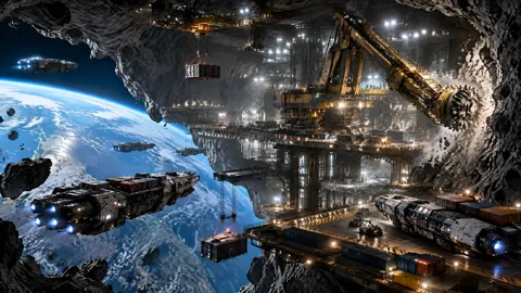 Asteroid Mining Station Above Blue Planet