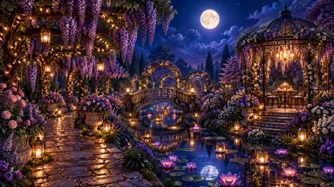 Moonlit Wisteria Garden Bridge