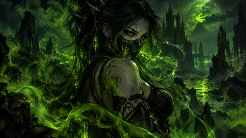 Masked Woman Under Green Moon