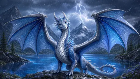 Blue Wyvern in Lightning Rain