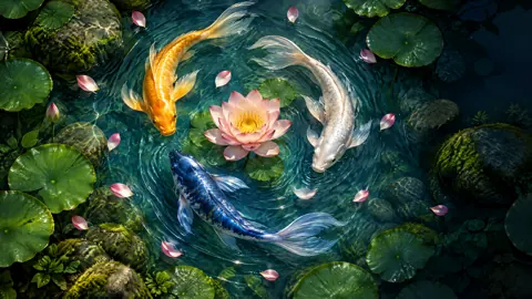 Koi Circling Pink Lotus