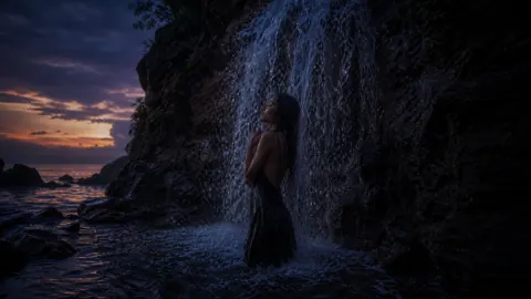 Woman Beneath Coastal Waterfall