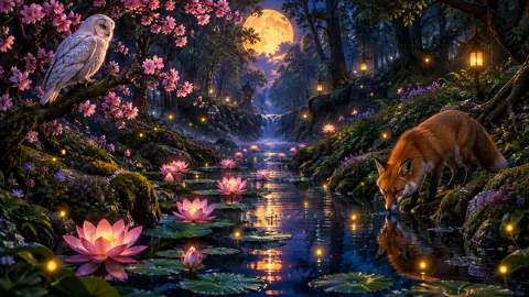 Owl and Fox by Moonlit Stream