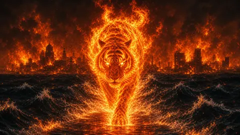 Flaming Tiger in Ocean Waves