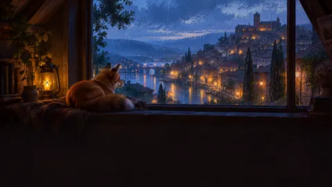Fox Watching Rainy Castle Town