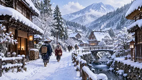 Snowy Japanese Village Bridge