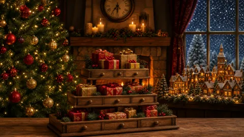 Christmas Gifts by Fireplace