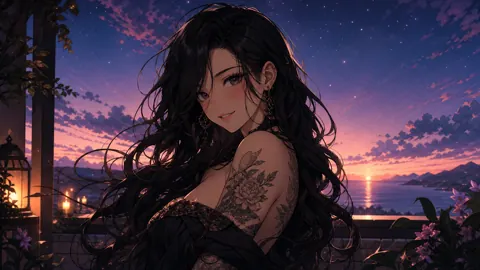 Tattooed Woman by Sunset Sea