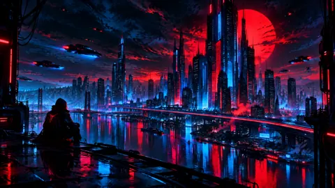 Hooded Figure Above Cyberpunk City