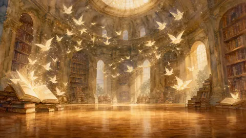 Ancient Library With Origami Birds
