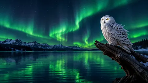 Snowy Owl Under Northern Lights