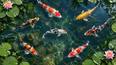 Koi Pond With Water Lilies