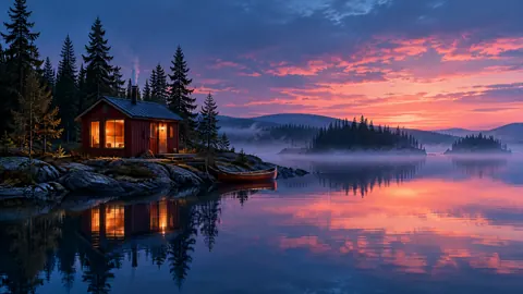 Red Sauna by Misty Lake