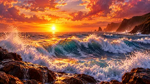 Ocean Sunset With Crashing Waves