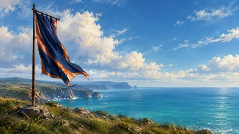 Ceremonial Banner Above Coastal Cliffs