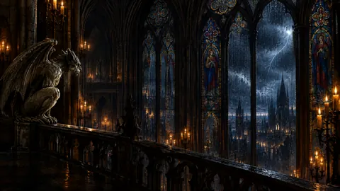 Gargoyle Above Rainy Cathedral