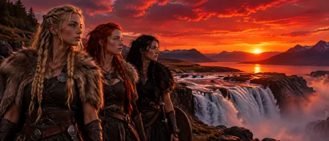 Viking Women Above Fjord Waterfall
