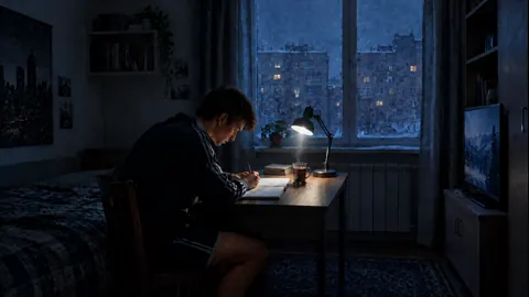 Man Writing by Snowy Window