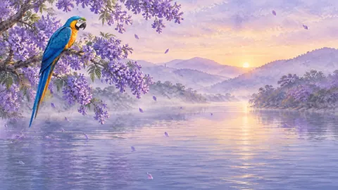 Macaw on Jacaranda Branch