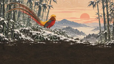 Golden Pheasant in Snowy Bamboo