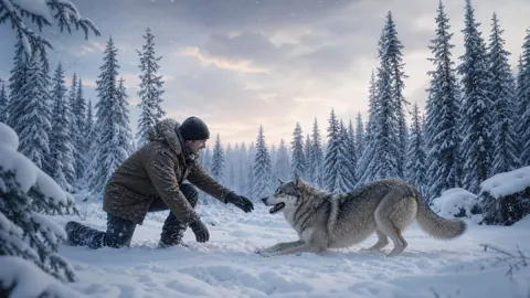 Man Playing With Wolf